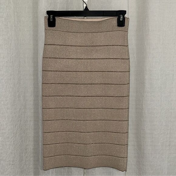 BCBG XS Cream Metallic Gold Bandage Bodycon High Waist Pull On Pencil Skirt - Picture 5 of 10